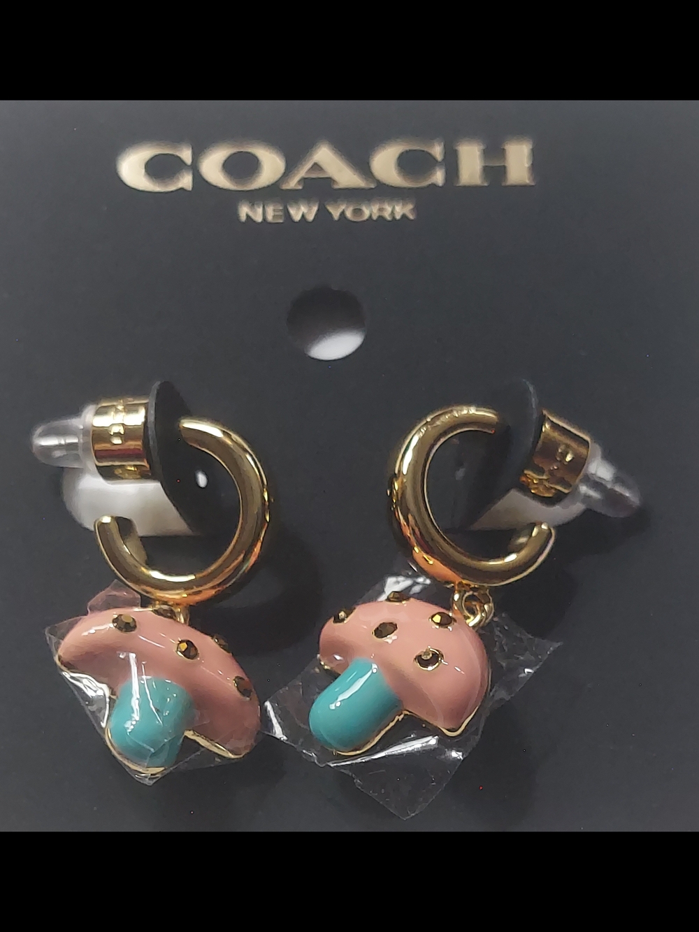 Coach Pink & Turquoise Mushroom Charm Hoop Earrings